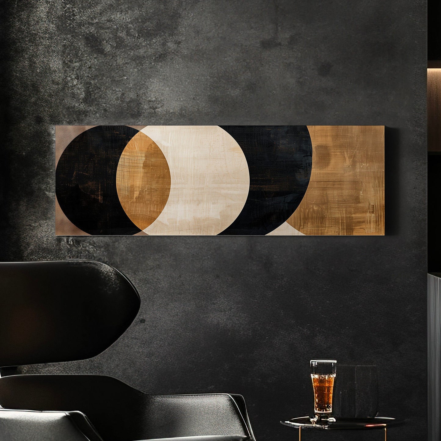 Black Brown Abstract Shapes Long Horizontal Wall Art For Living Room, Panoramic Latte Coffee Canvas Print, Barista Decor Canvas Art