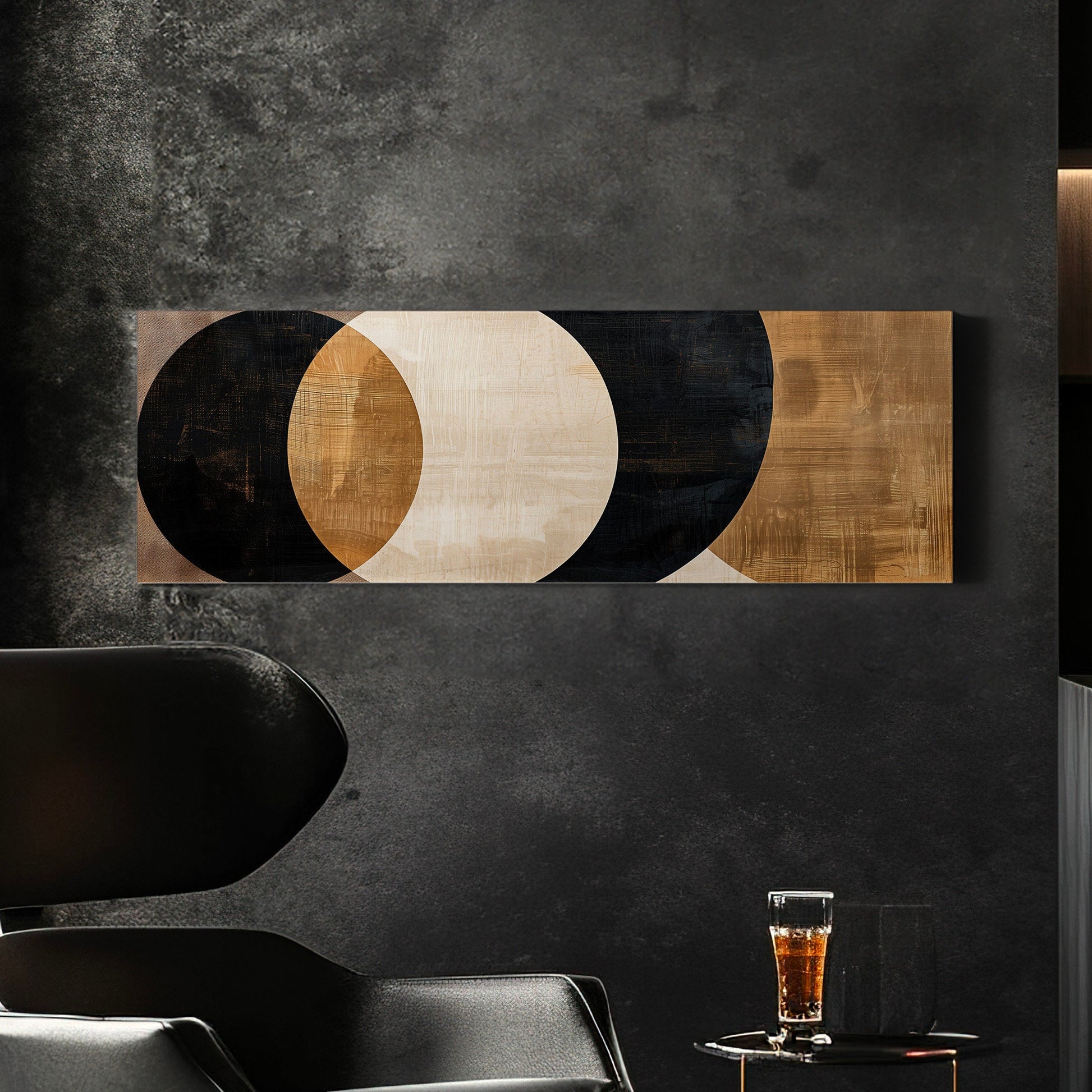 Black Brown Abstract Shapes Long Horizontal Wall Art For Living Room, Panoramic Latte Coffee Canvas Print, Barista Decor Canvas Art
