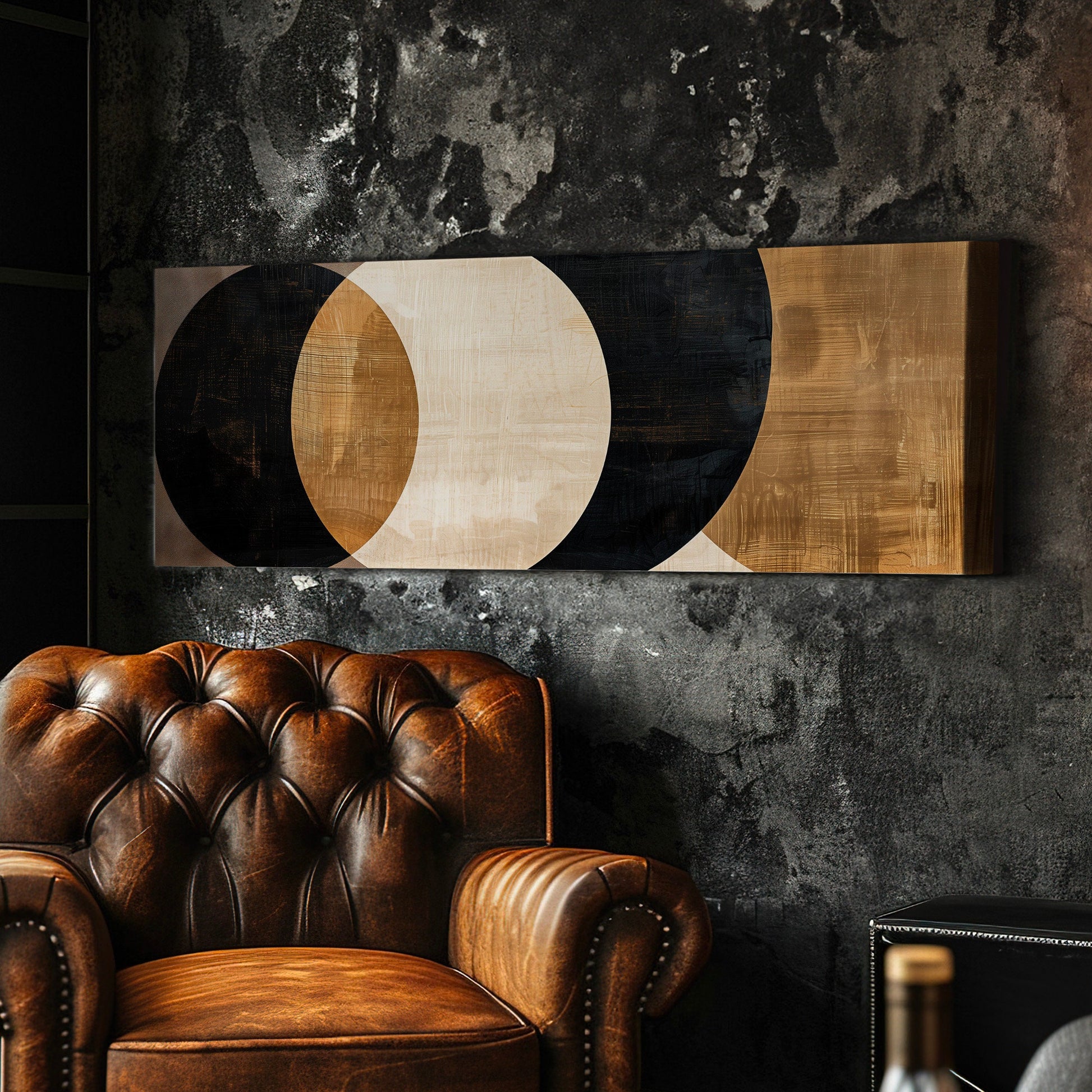 Black Brown Abstract Shapes Long Horizontal Wall Art For Living Room, Panoramic Latte Coffee Canvas Print, Barista Decor Canvas Art