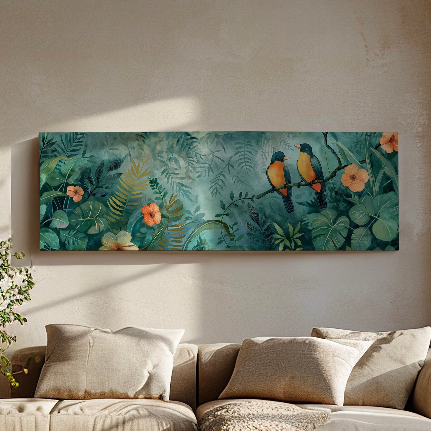 American Robin Couple Long Horizontal Wall Art For Living Room, Panoramic Jungle Canvas Print, Bird Decor Canvas Art