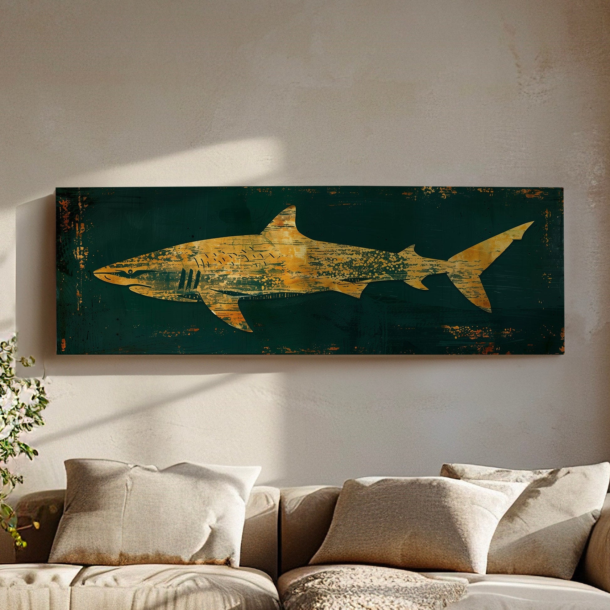 Abstract Shark Long Horizontal Wall Art For Bedroom, Panoramic Green and Gold Canvas Print, Ocean Decor Canvas Art