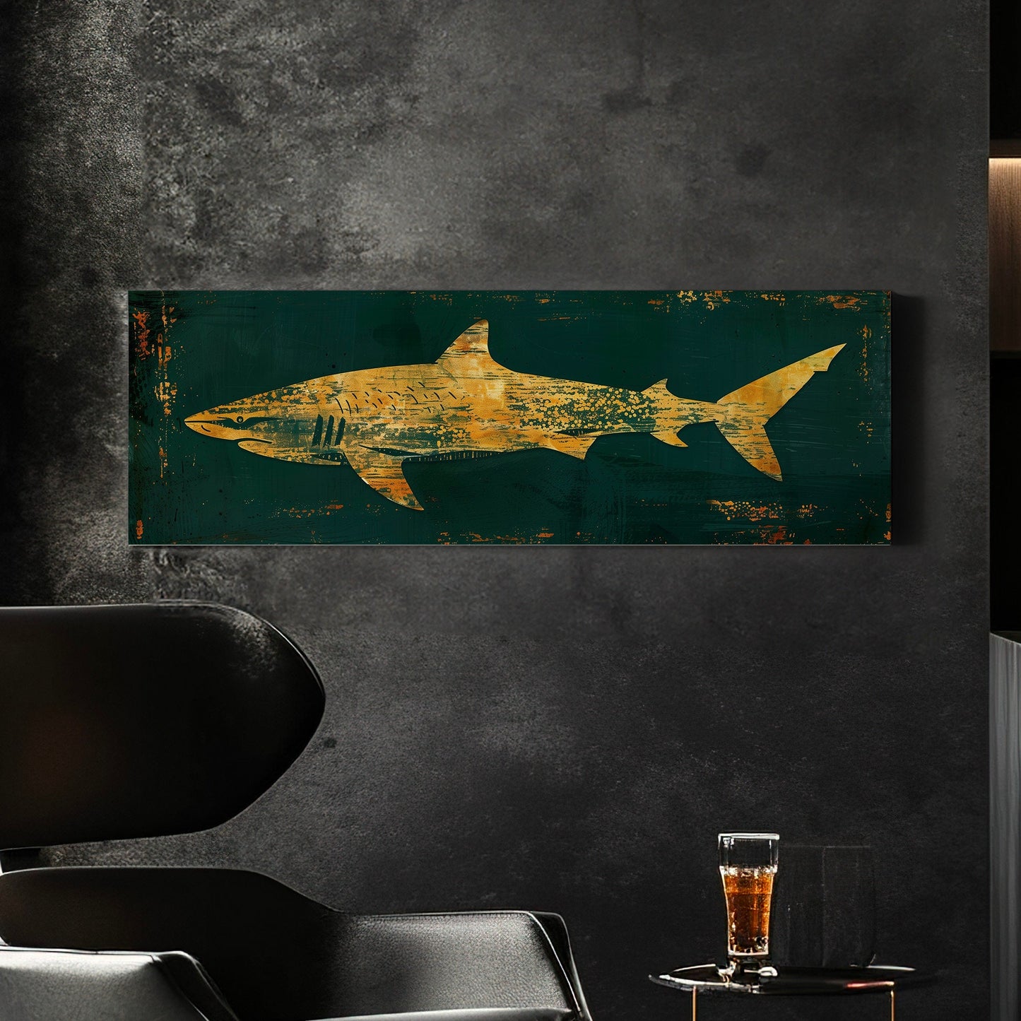 Abstract Shark Long Horizontal Wall Art For Bedroom, Panoramic Green and Gold Canvas Print, Ocean Decor Canvas Art