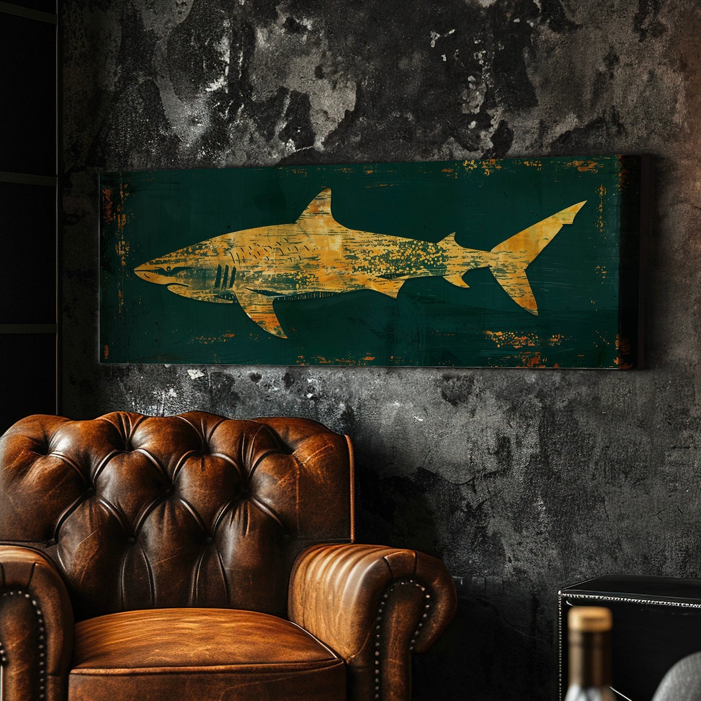 Abstract Shark Long Horizontal Wall Art For Bedroom, Panoramic Green and Gold Canvas Print, Ocean Decor Canvas Art