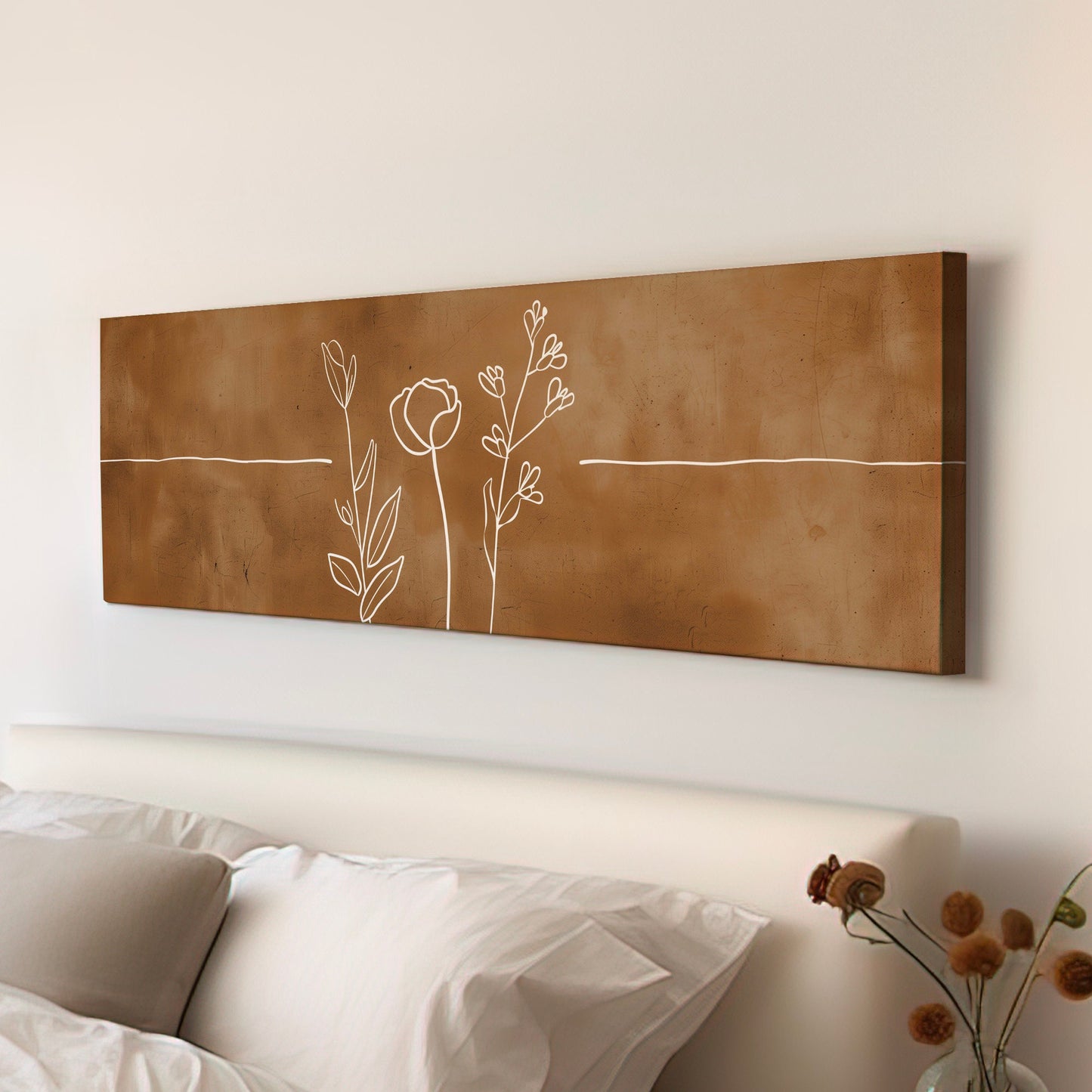 Abstract Flowers Long Horizontal Wall Art For Living Room, Panoramic Floral Line Art Canvas Print, Farmhouse Decor Canvas Art