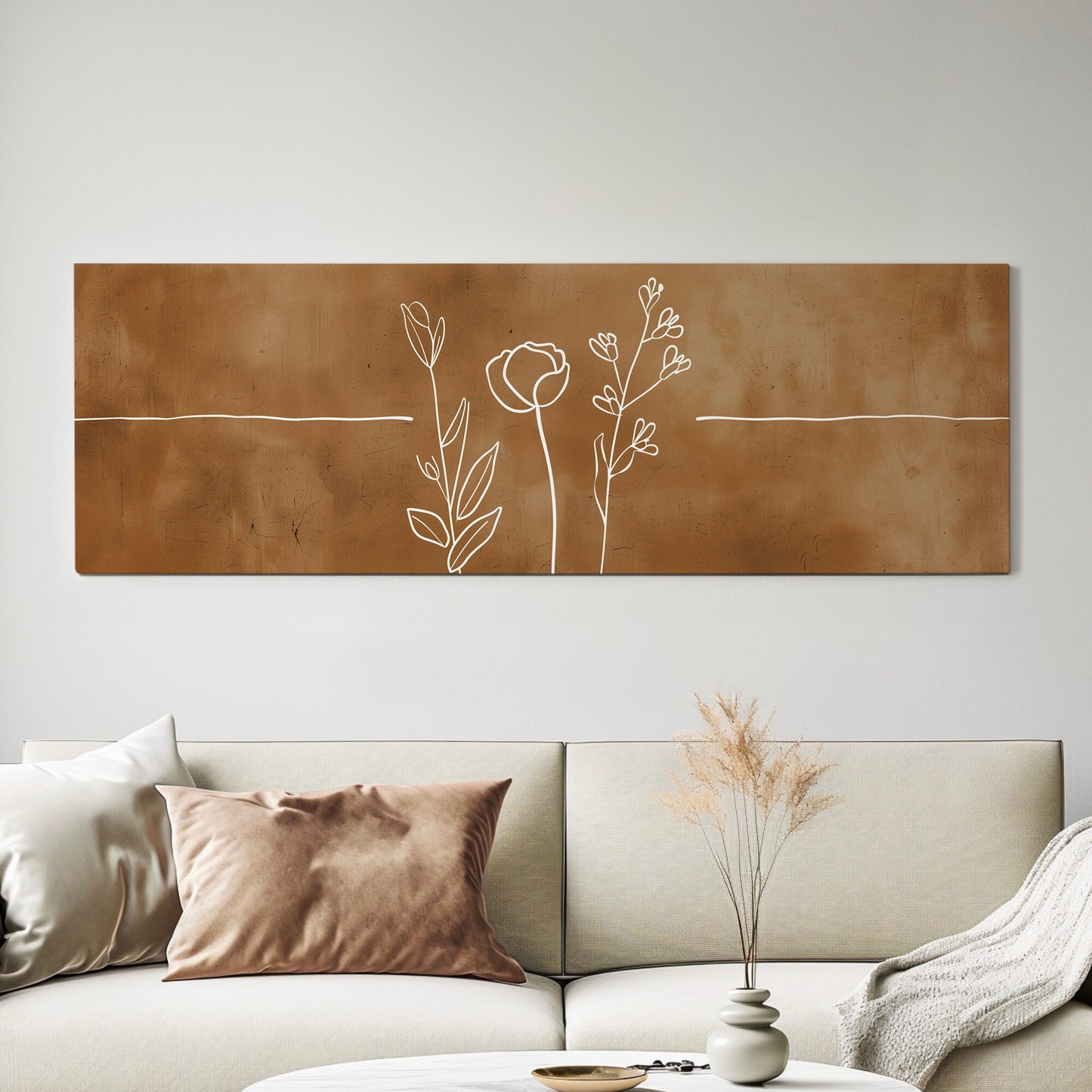 Abstract Flowers Long Horizontal Wall Art For Living Room, Panoramic Floral Line Art Canvas Print, Farmhouse Decor Canvas Art