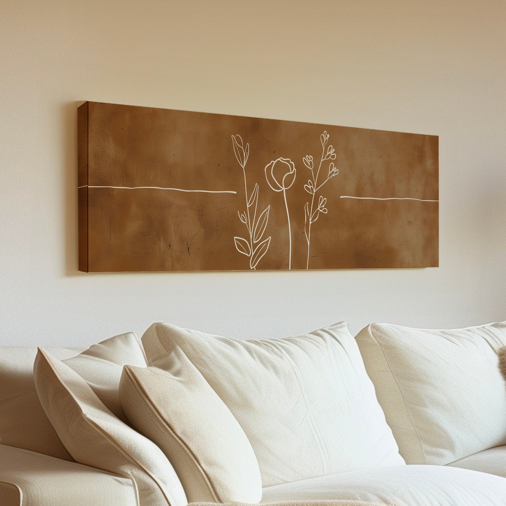 Abstract Flowers Long Horizontal Wall Art For Living Room, Panoramic Floral Line Art Canvas Print, Farmhouse Decor Canvas Art