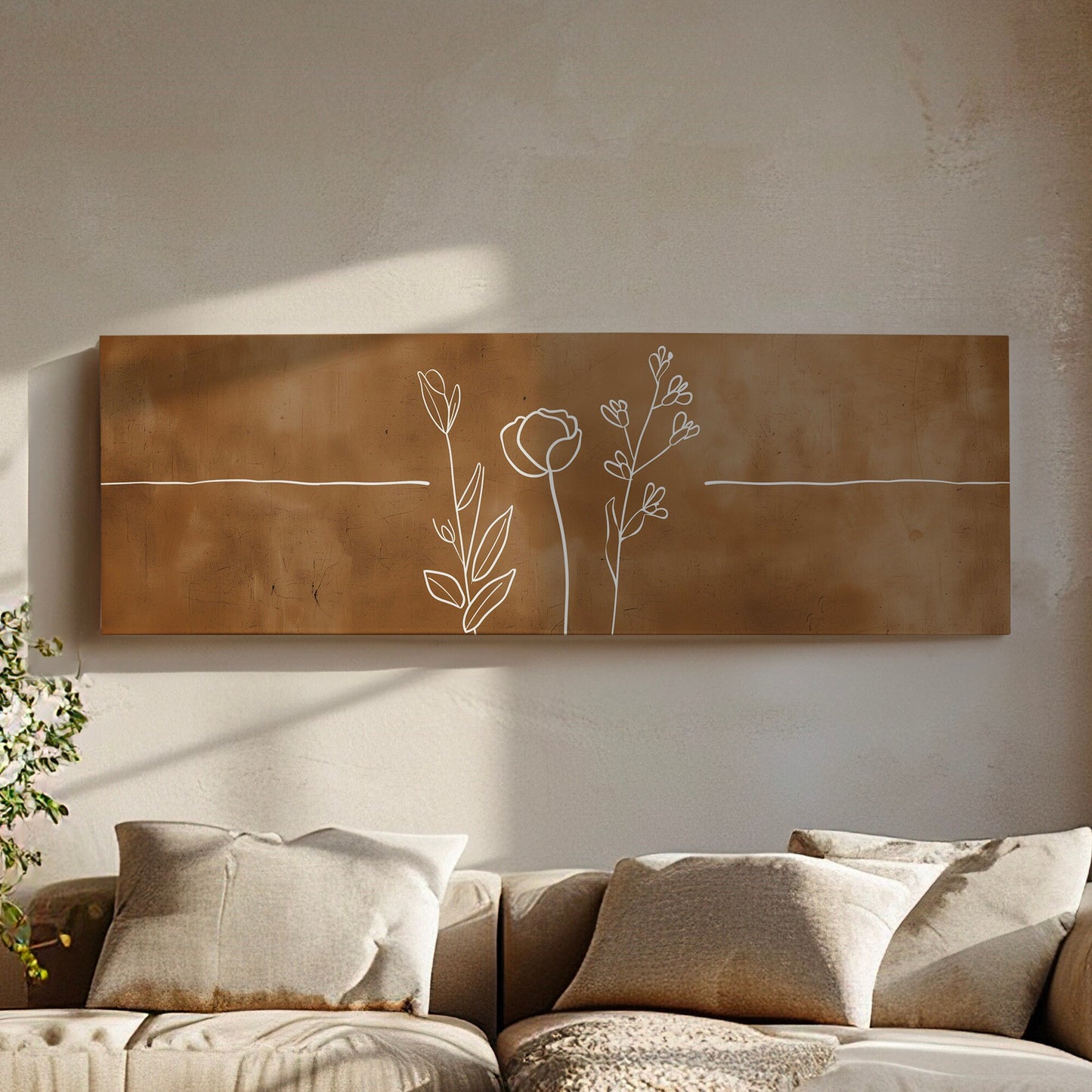 Abstract Flowers Long Horizontal Wall Art For Living Room, Panoramic Floral Line Art Canvas Print, Farmhouse Decor Canvas Art