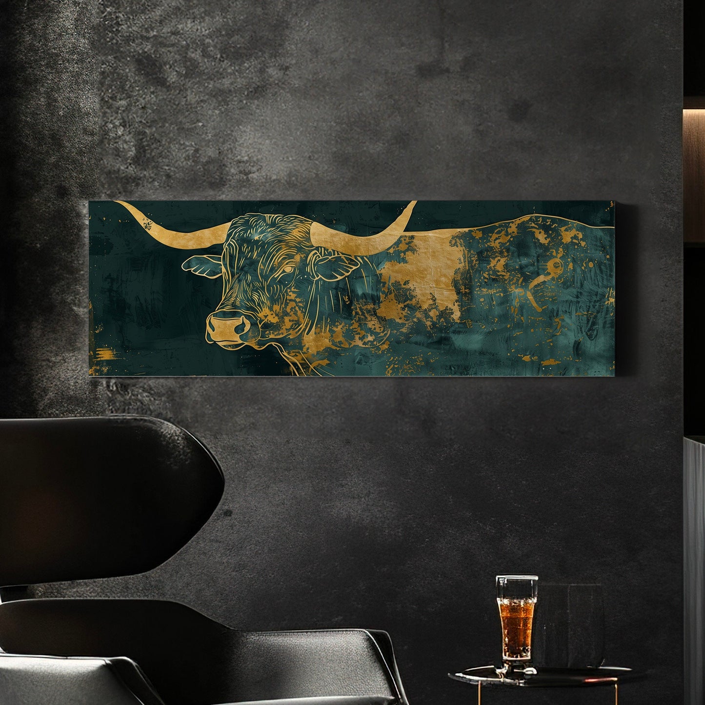 Abstract Bull Long Horizontal Wall Art Bedroom, Panoramic Green and Gold Canvas Print, Farmhouse Decor Canvas Art