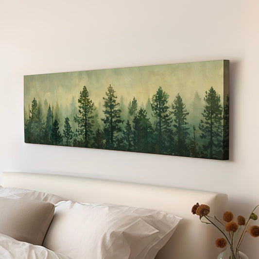 Pine Tree Forest Long Horizontal Wall Art For Bedroom, Panoramic Green Canvas Print, Minimal Decor Canvas Art