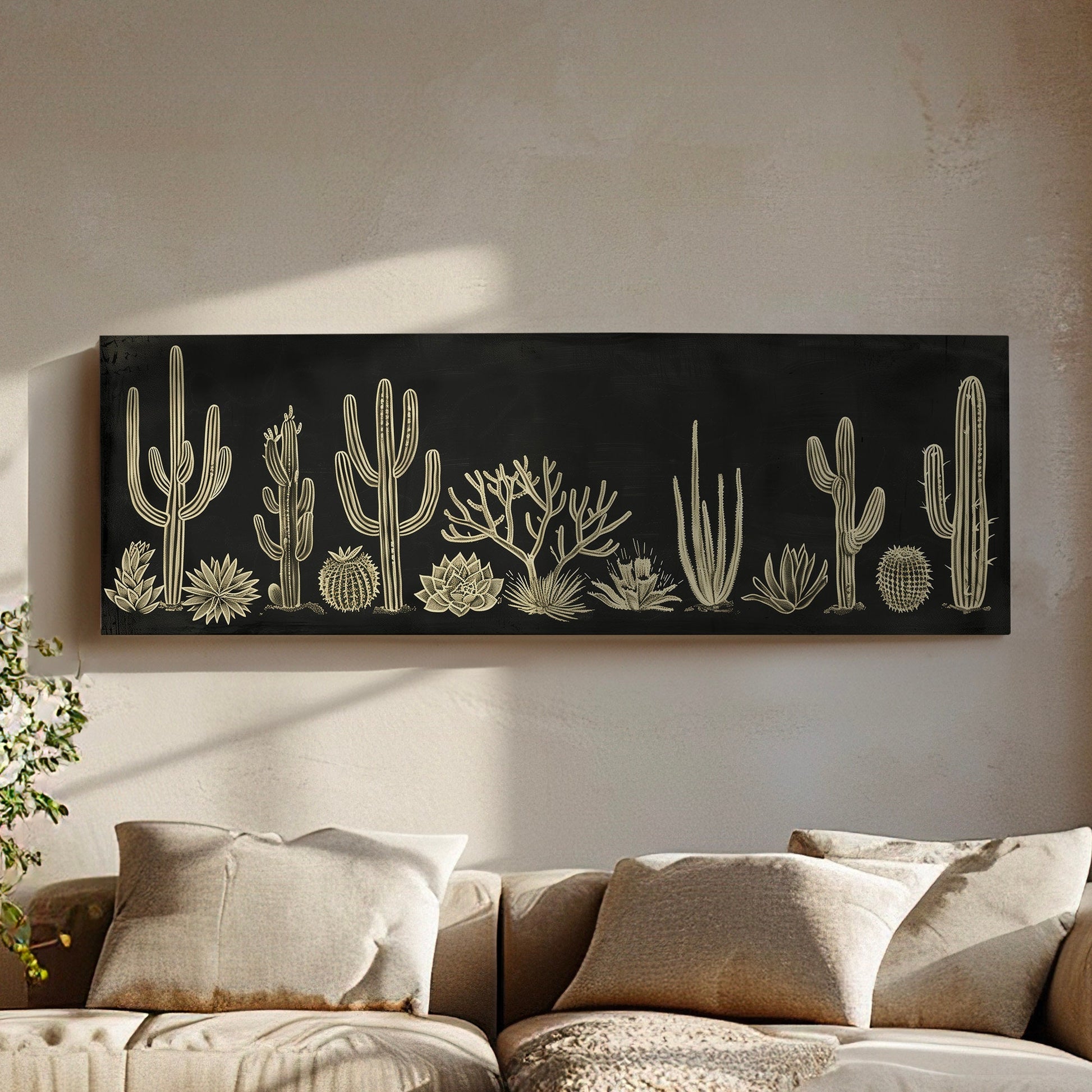 Succulent Cactus Chalk Drawing Long Horizontal Wall Art For Living Room, Panoramic Minimalist Canvas Print, Illustration Decor Canvas Art