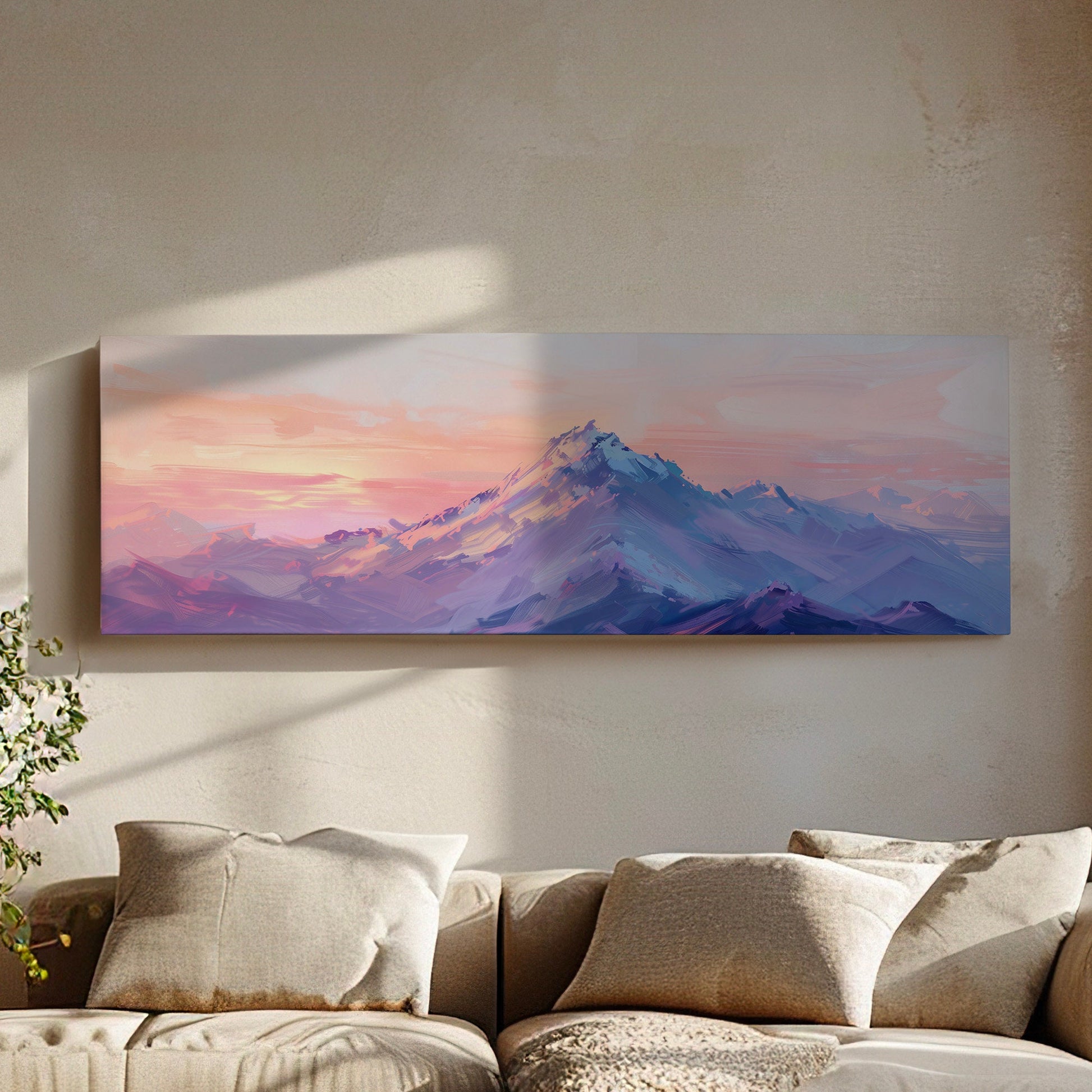 Pink and Purple Mountain Long Horizontal Wall Art For Living Room, Panoramic Sunset Canvas Print, Misty Decor Canvas Art