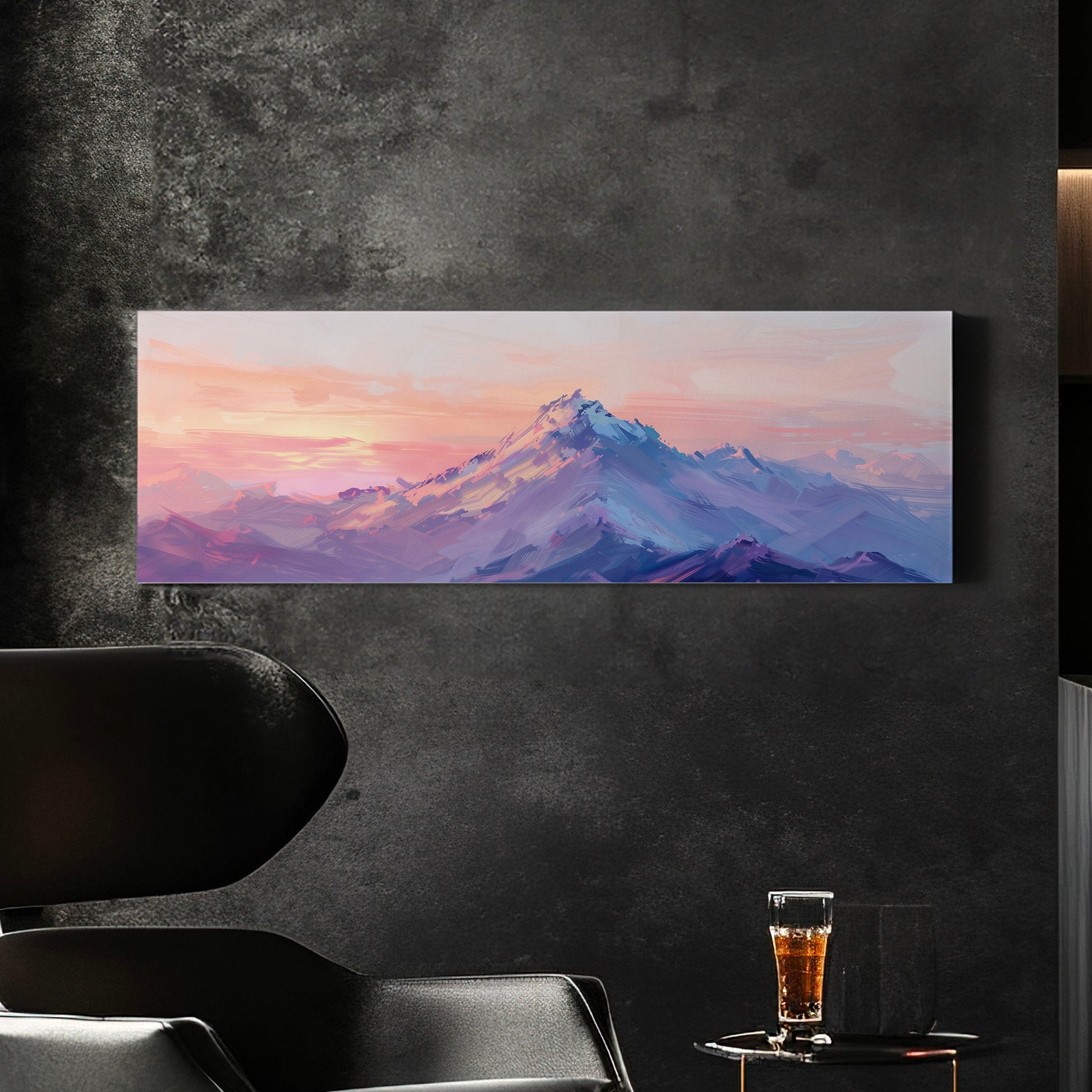 Pink and Purple Mountain Long Horizontal Wall Art For Living Room, Panoramic Sunset Canvas Print, Misty Decor Canvas Art