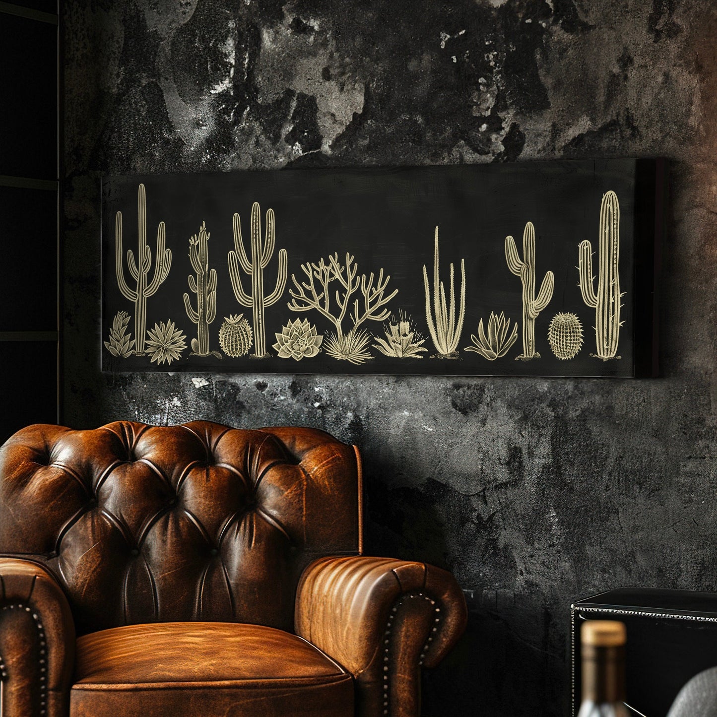 Succulent Cactus Chalk Drawing Long Horizontal Wall Art For Living Room, Panoramic Minimalist Canvas Print, Illustration Decor Canvas Art