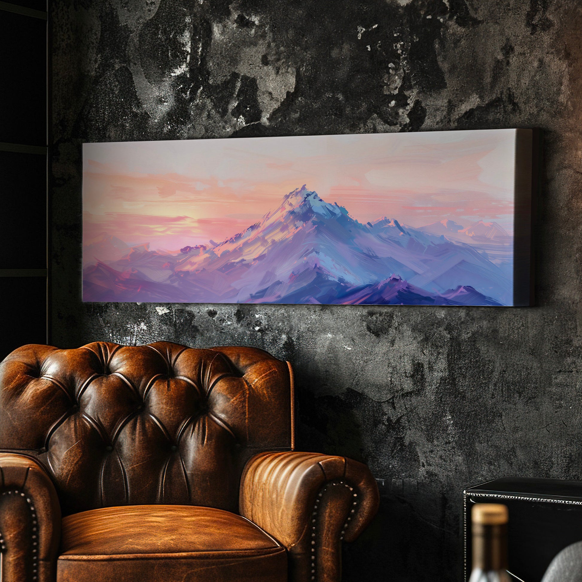 Pink and Purple Mountain Long Horizontal Wall Art For Living Room, Panoramic Sunset Canvas Print, Misty Decor Canvas Art