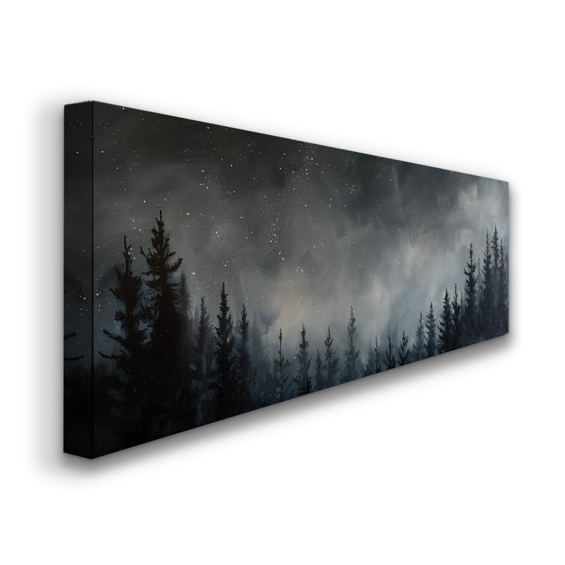 Pine Forest at Midnight Long Horizontal Wall Art For Bedroom, Panoramic Nature Canvas Print, Moody Dark Decor Canvas Art