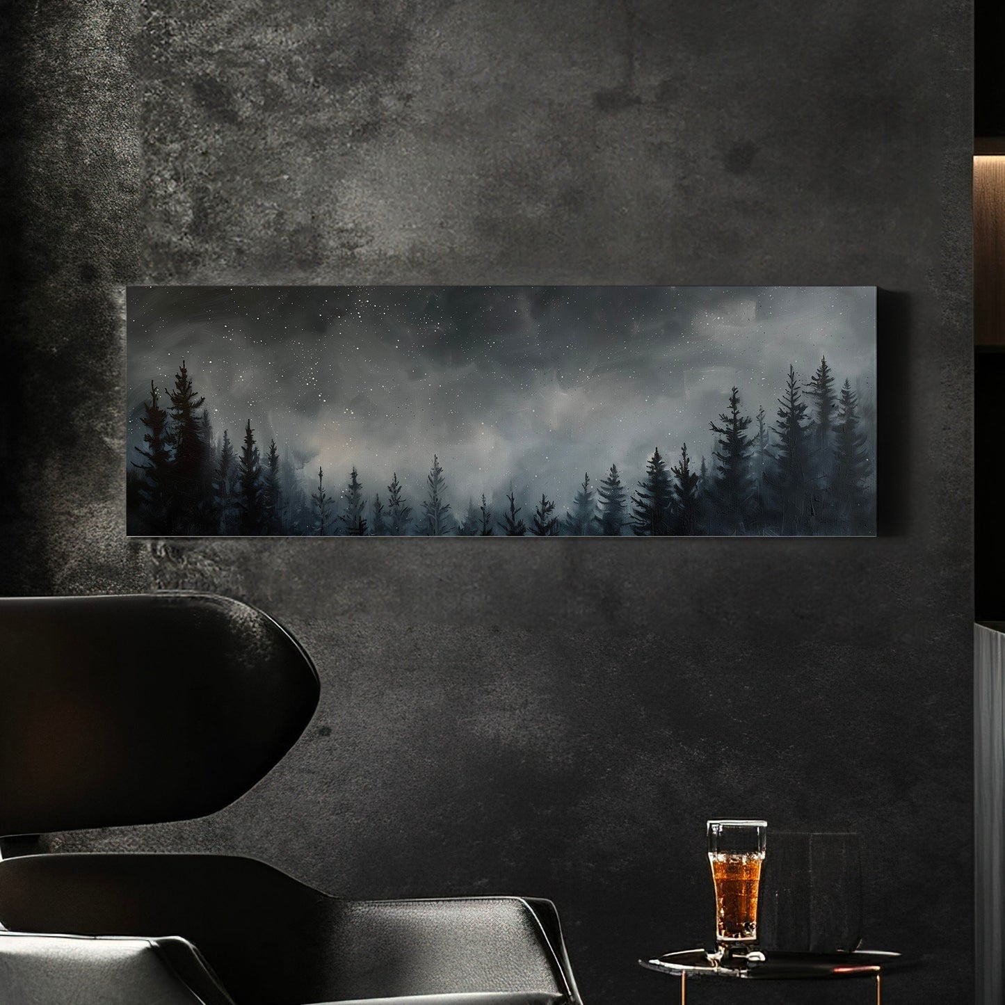 Pine Forest at Midnight Long Horizontal Wall Art For Bedroom, Panoramic Nature Canvas Print, Moody Dark Decor Canvas Art