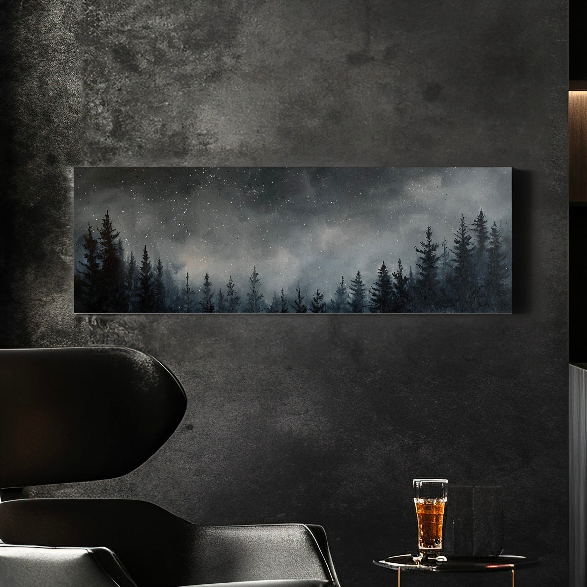 Pine Forest at Midnight Long Horizontal Wall Art For Bedroom, Panoramic Nature Canvas Print, Moody Dark Decor Canvas Art