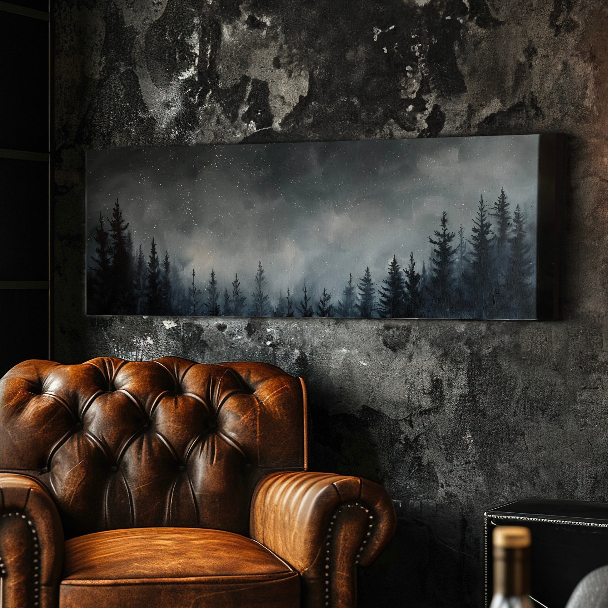 Pine Forest at Midnight Long Horizontal Wall Art For Bedroom, Panoramic Nature Canvas Print, Moody Dark Decor Canvas Art