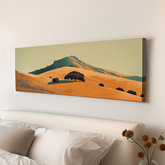 Mountain Landscape Long Horizontal Wall Art For Guestroom, Panoramic Yellow Field Canvas Print, Farmhouse Decor Canvas Art