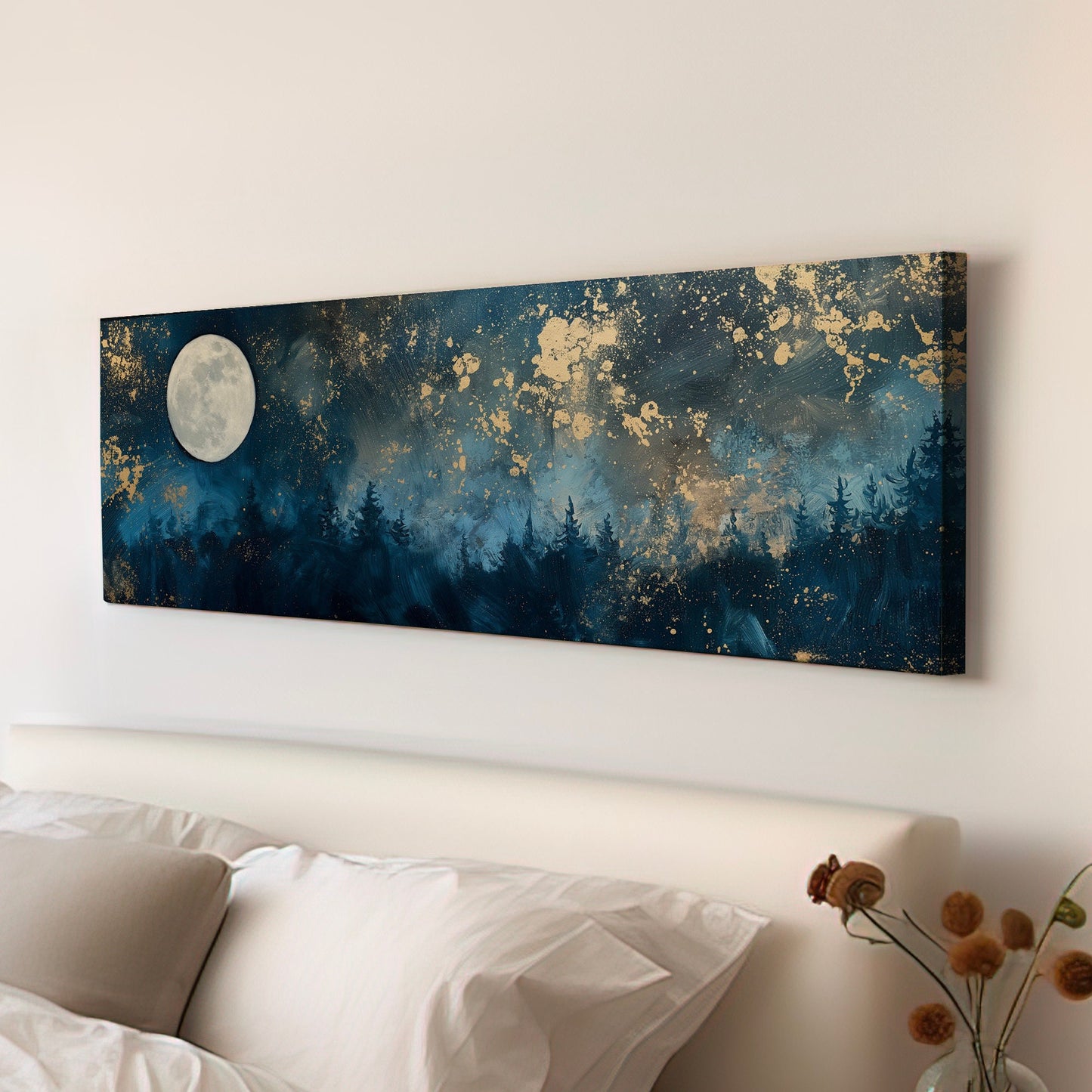 Nigh Starry Sky Long Horizontal Wall Art For Bedroom, Panoramic Full Moon Canvas Print, Spiritual Decor Canvas Art