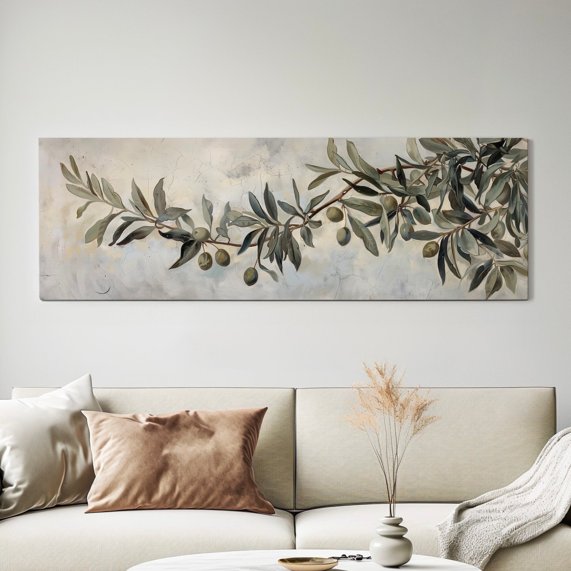 Olive Tree  Long Horizontal Wall Art For Guest Room, Panoramic Botanical Canvas Print, Kitchen Decor Canvas Art