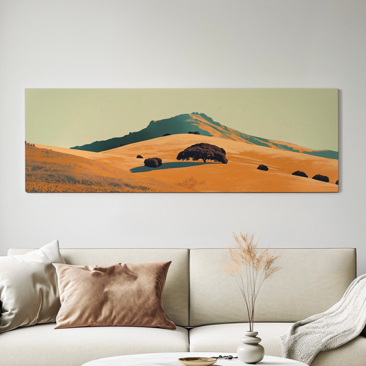 Mountain Landscape Long Horizontal Wall Art For Guestroom, Panoramic Yellow Field Canvas Print, Farmhouse Decor Canvas Art