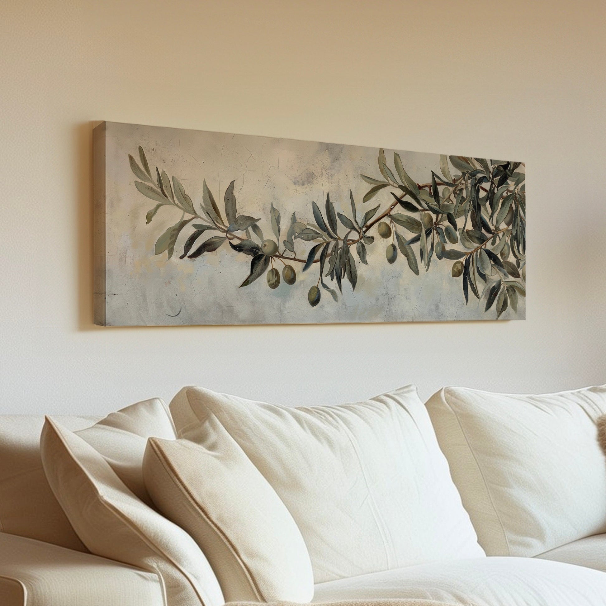 Olive Tree  Long Horizontal Wall Art For Guest Room, Panoramic Botanical Canvas Print, Kitchen Decor Canvas Art