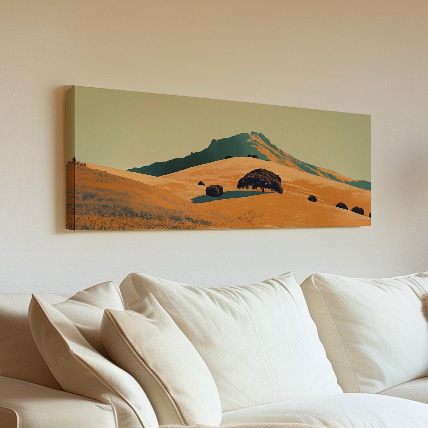 Mountain Landscape Long Horizontal Wall Art For Guestroom, Panoramic Yellow Field Canvas Print, Farmhouse Decor Canvas Art