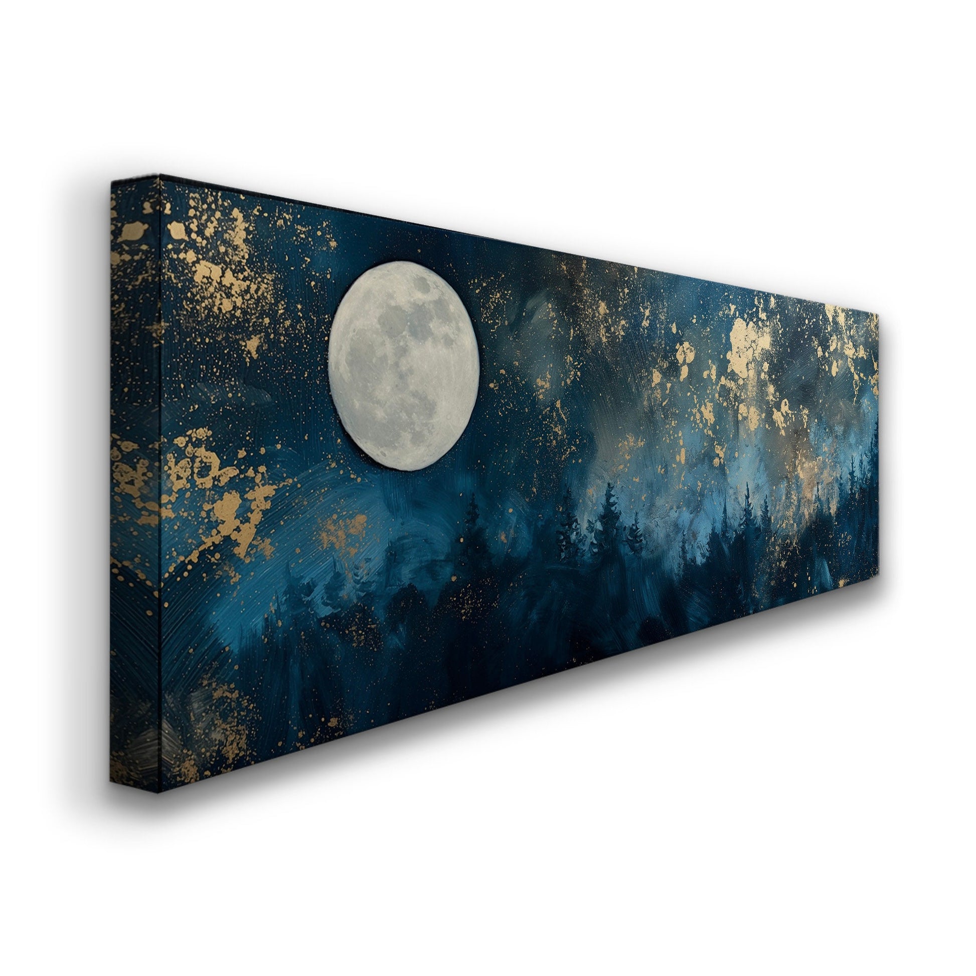 Nigh Starry Sky Long Horizontal Wall Art For Bedroom, Panoramic Full Moon Canvas Print, Spiritual Decor Canvas Art