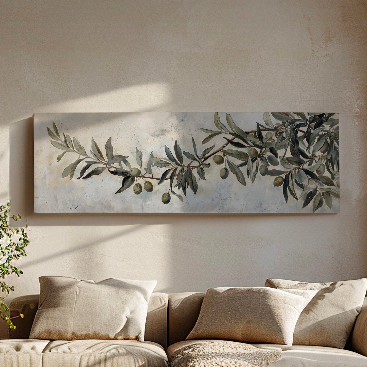 Olive Tree  Long Horizontal Wall Art For Guest Room, Panoramic Botanical Canvas Print, Kitchen Decor Canvas Art