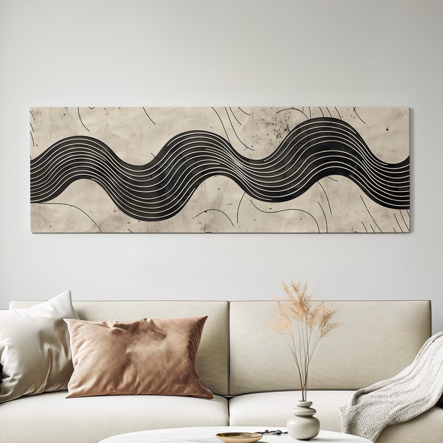 Minimalist Waves Long Horizontal Wall Art For Living Room, Panoramic Earthy Canvas Print, Peaceful Decor Canvas Art