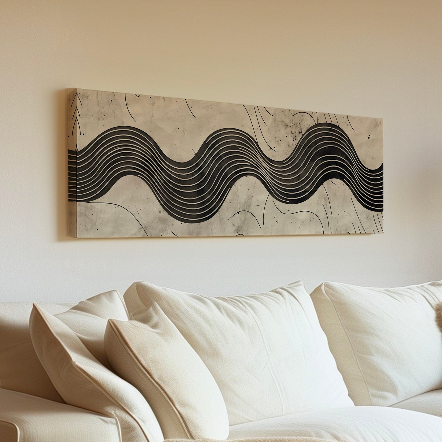 Minimalist Waves Long Horizontal Wall Art For Living Room, Panoramic Earthy Canvas Print, Peaceful Decor Canvas Art