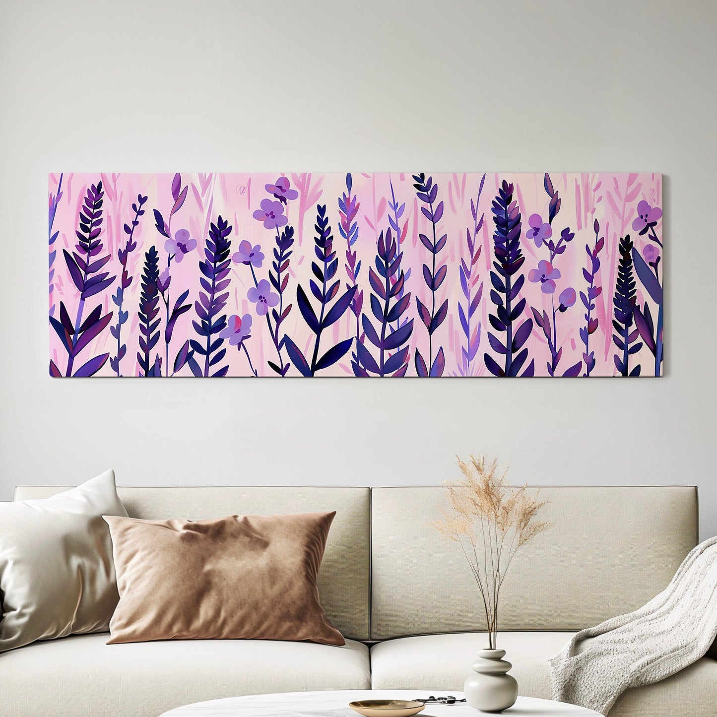 Lavender Field Long Horizontal Wall Art For Living Room, Panoramic Boho Floral Canvas Print, Botanical Decor Canvas Art