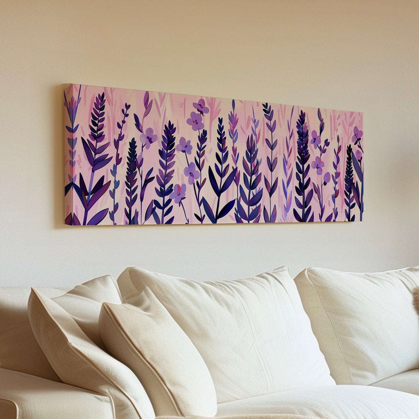 Lavender Field Long Horizontal Wall Art For Living Room, Panoramic Boho Floral Canvas Print, Botanical Decor Canvas Art