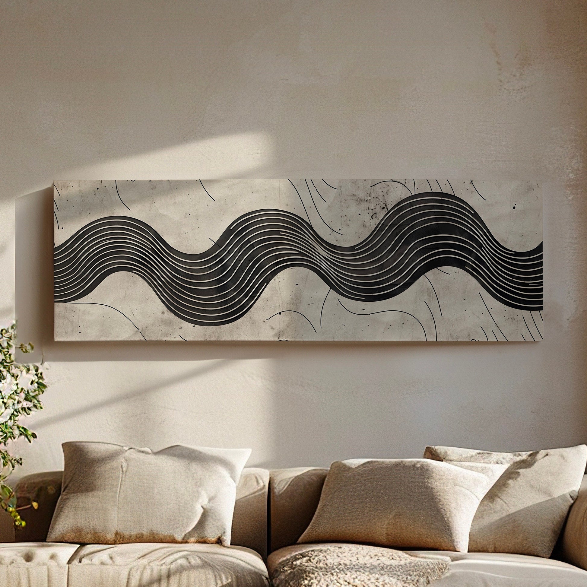 Minimalist Waves Long Horizontal Wall Art For Living Room, Panoramic Earthy Canvas Print, Peaceful Decor Canvas Art