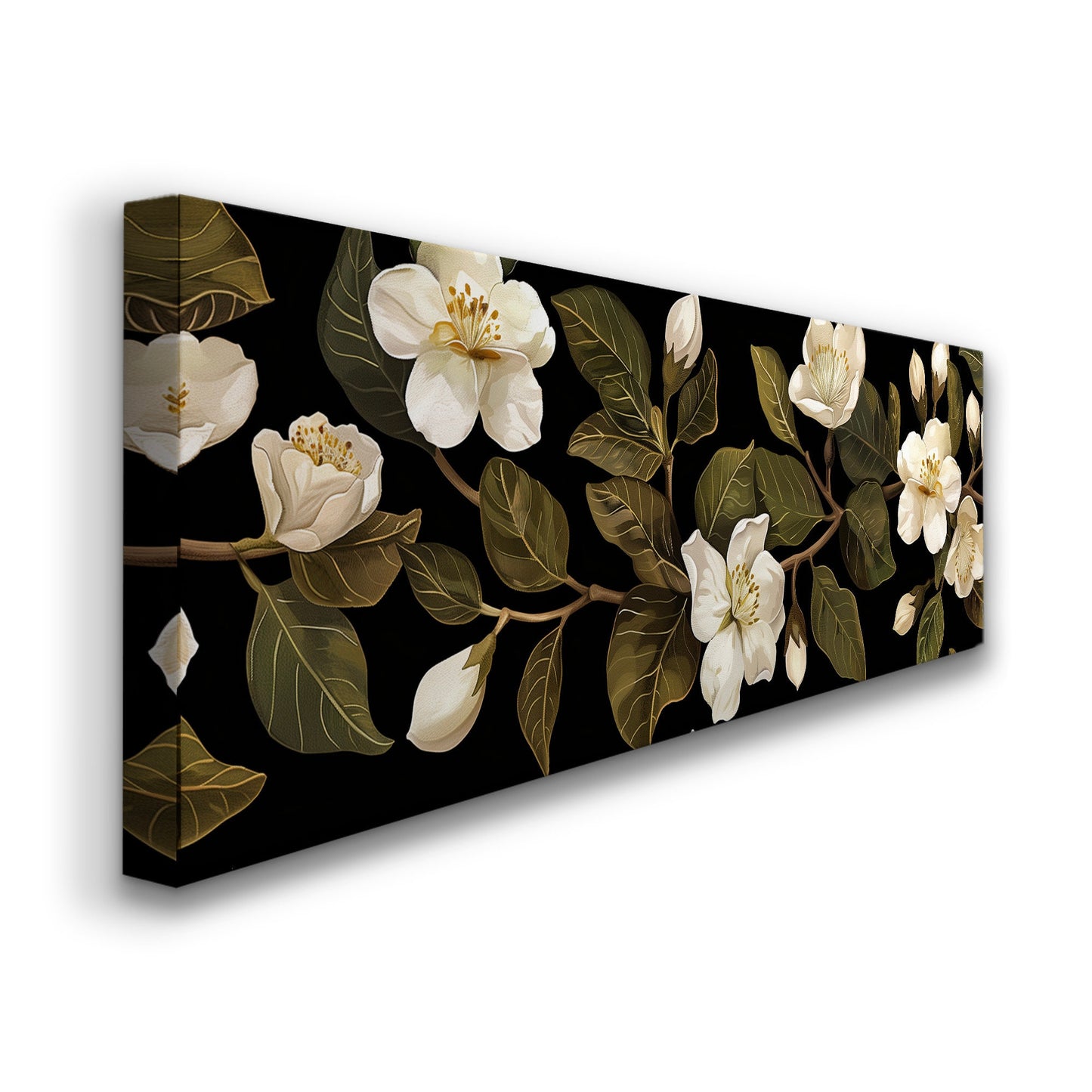 Jasmine Floral Long Horizontal Wall Art For Living Room, Panoramic Beautiful Flower Canvas Print, Botanical Decor Canvas Art