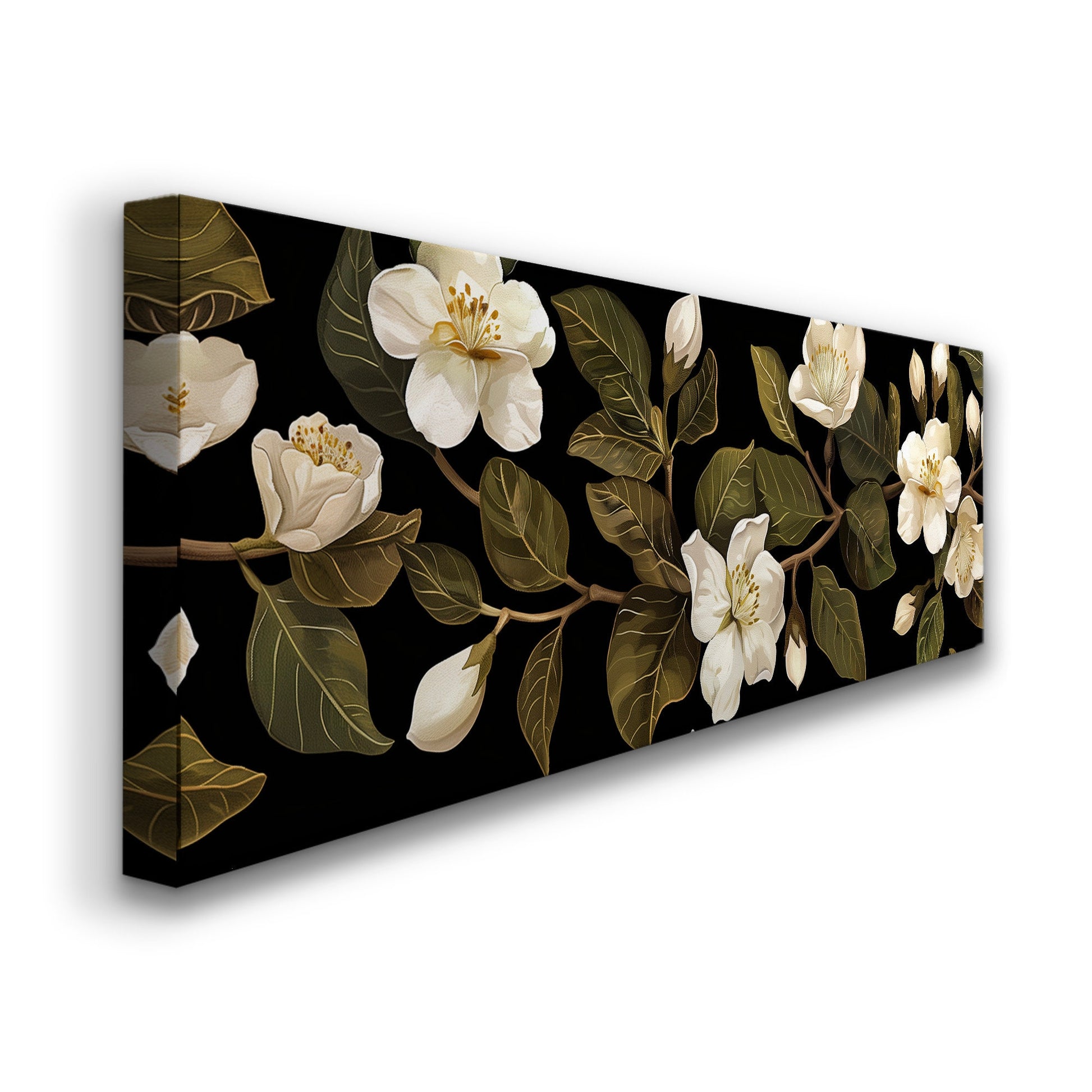 Jasmine Floral Long Horizontal Wall Art For Living Room, Panoramic Beautiful Flower Canvas Print, Botanical Decor Canvas Art