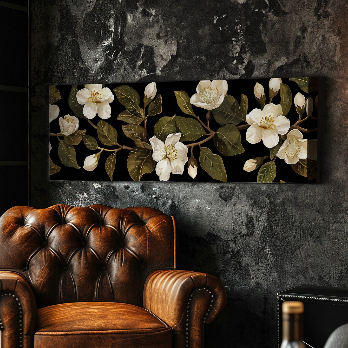 Jasmine Floral Long Horizontal Wall Art For Living Room, Panoramic Beautiful Flower Canvas Print, Botanical Decor Canvas Art