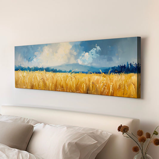 Golden Wheat Field Long Horizontal Wall Art For Living Room, Panoramic Beautiful Scene Canvas Print, Farmhouse Decor Canvas Art