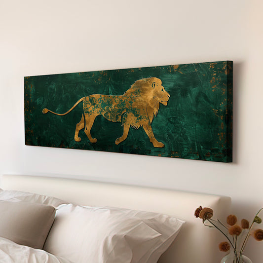 Golden Lion Vintage Sage Green Long Horizontal Wall Art For Bedroom, Panoramic Green And Gold Canvas Print, Minimalist Decor Canvas Art
