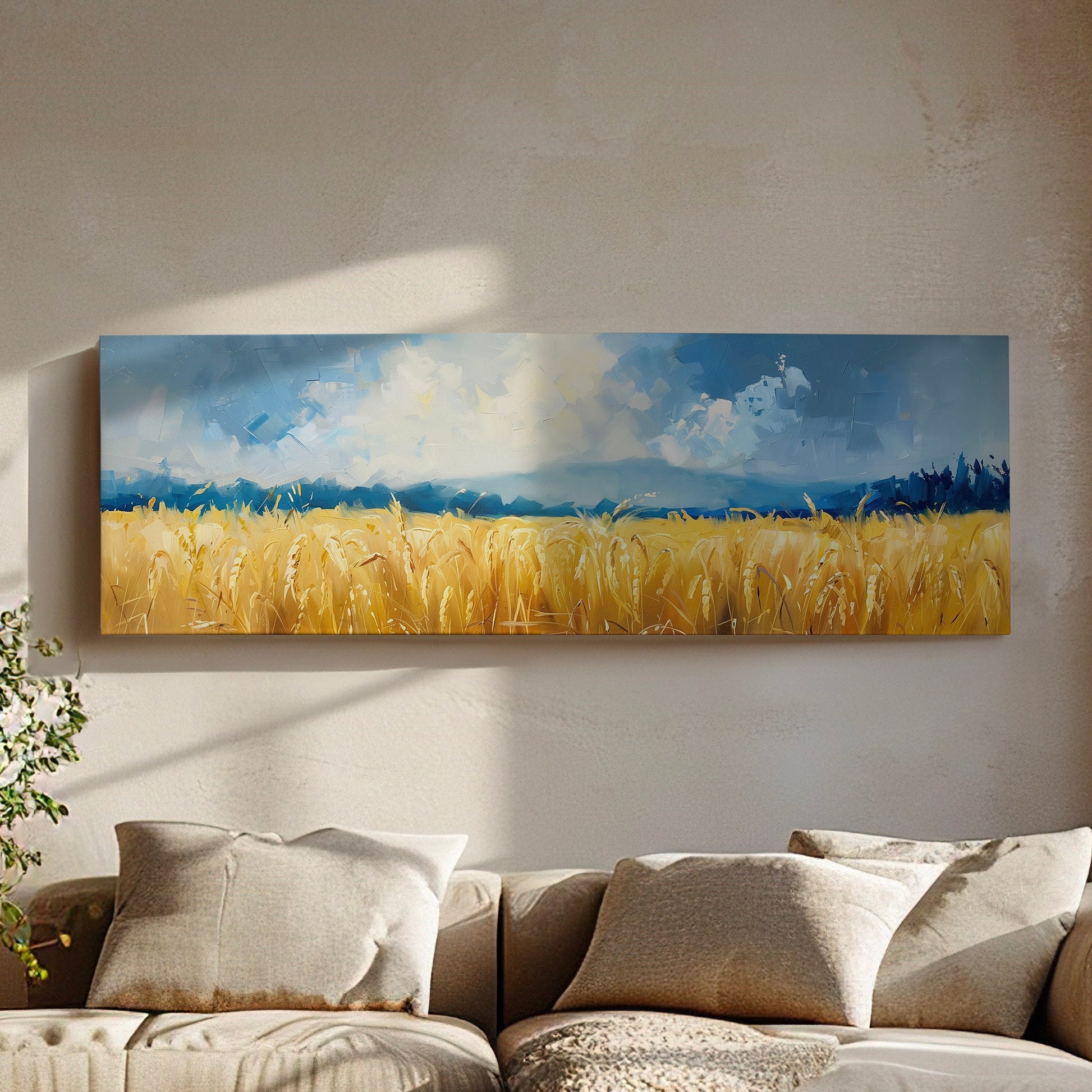 Golden Wheat Field Long Horizontal Wall Art For Living Room, Panoramic Beautiful Scene Canvas Print, Farmhouse Decor Canvas Art
