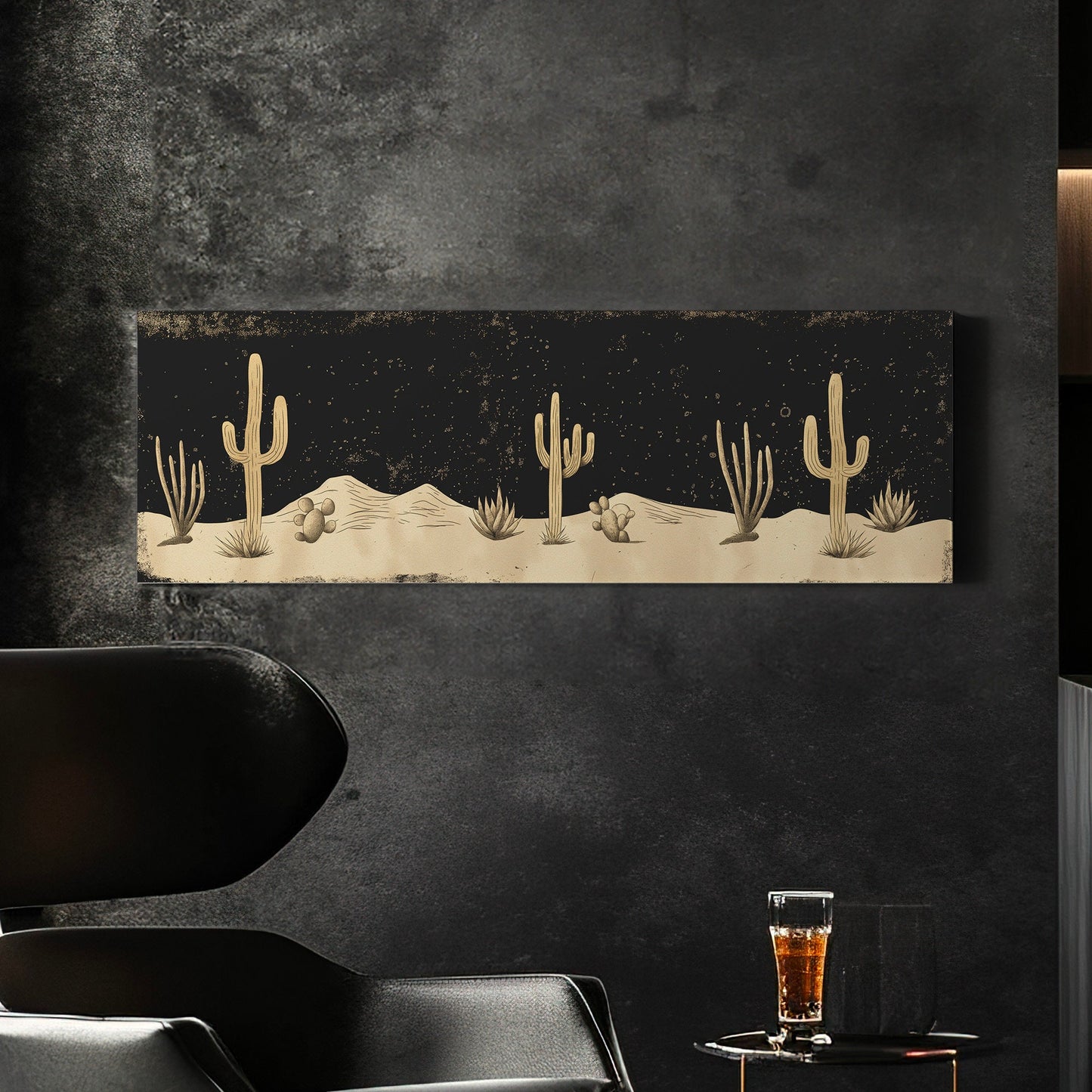 Desert At Midnight Long Horizontal Wall Art Above Bed, Panoramic  Southwestern Canvas Print, Farmhouse Decor Canvas Art