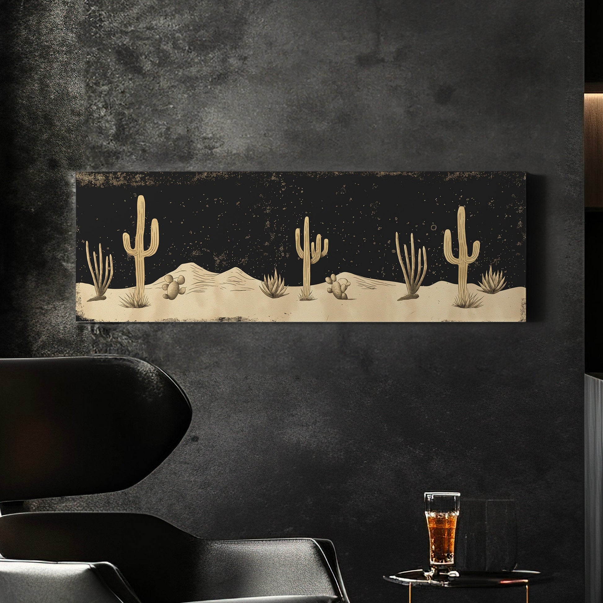 Desert At Midnight Long Horizontal Wall Art Above Bed, Panoramic  Southwestern Canvas Print, Farmhouse Decor Canvas Art