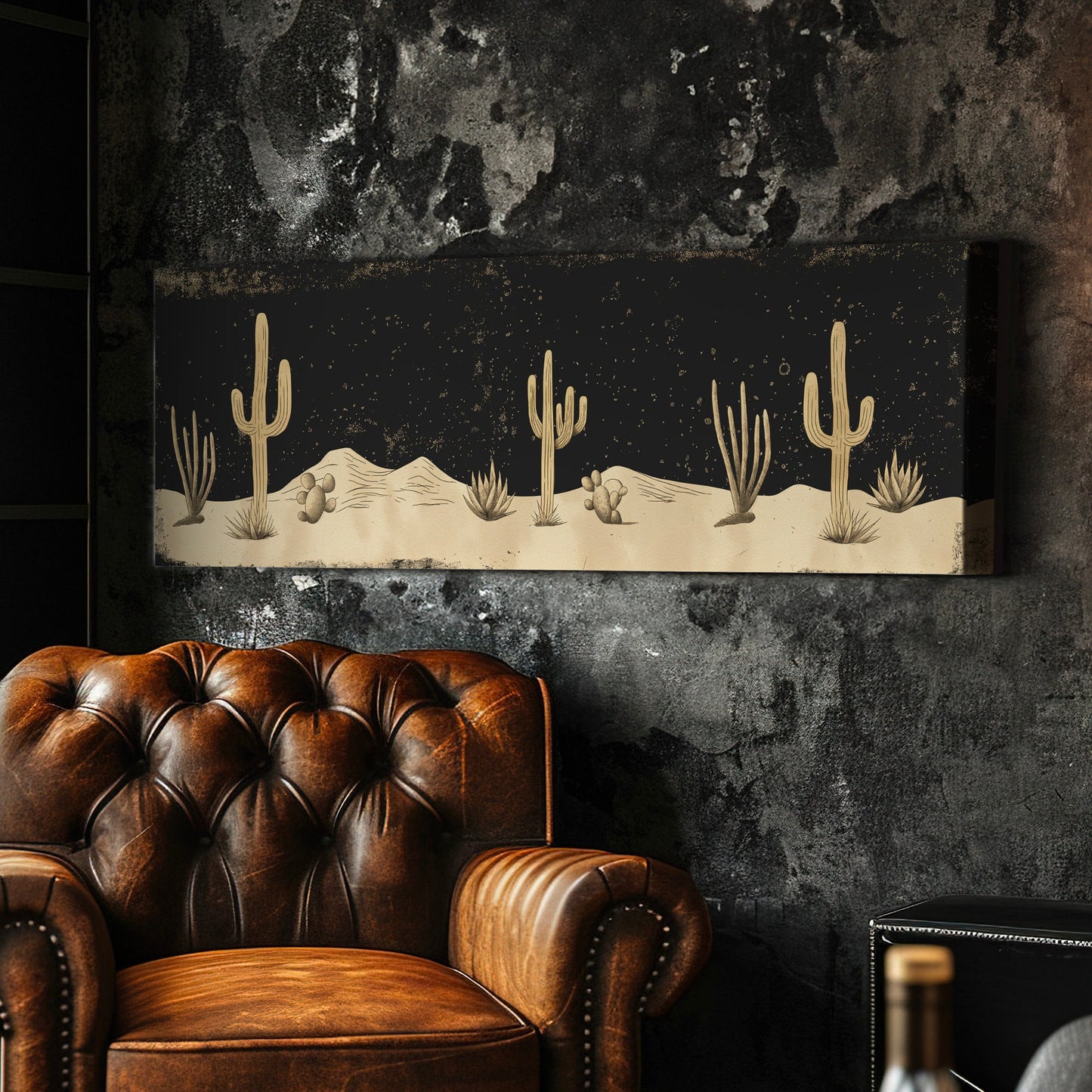 Desert At Midnight Long Horizontal Wall Art Above Bed, Panoramic  Southwestern Canvas Print, Farmhouse Decor Canvas Art