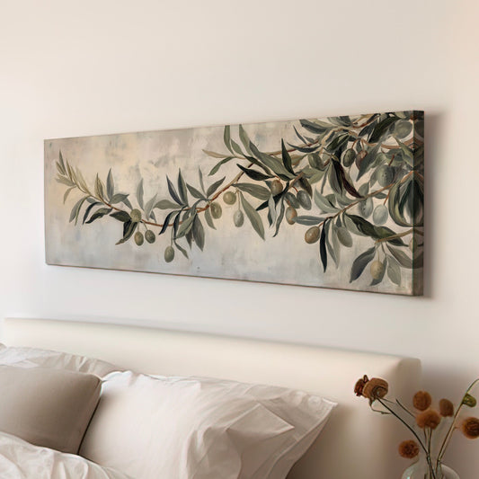 Olive Tree Branch Long Horizontal Wall Art For Living Room, Panoramic Minimalist Canvas Print, Colorful Decor Canvas Art