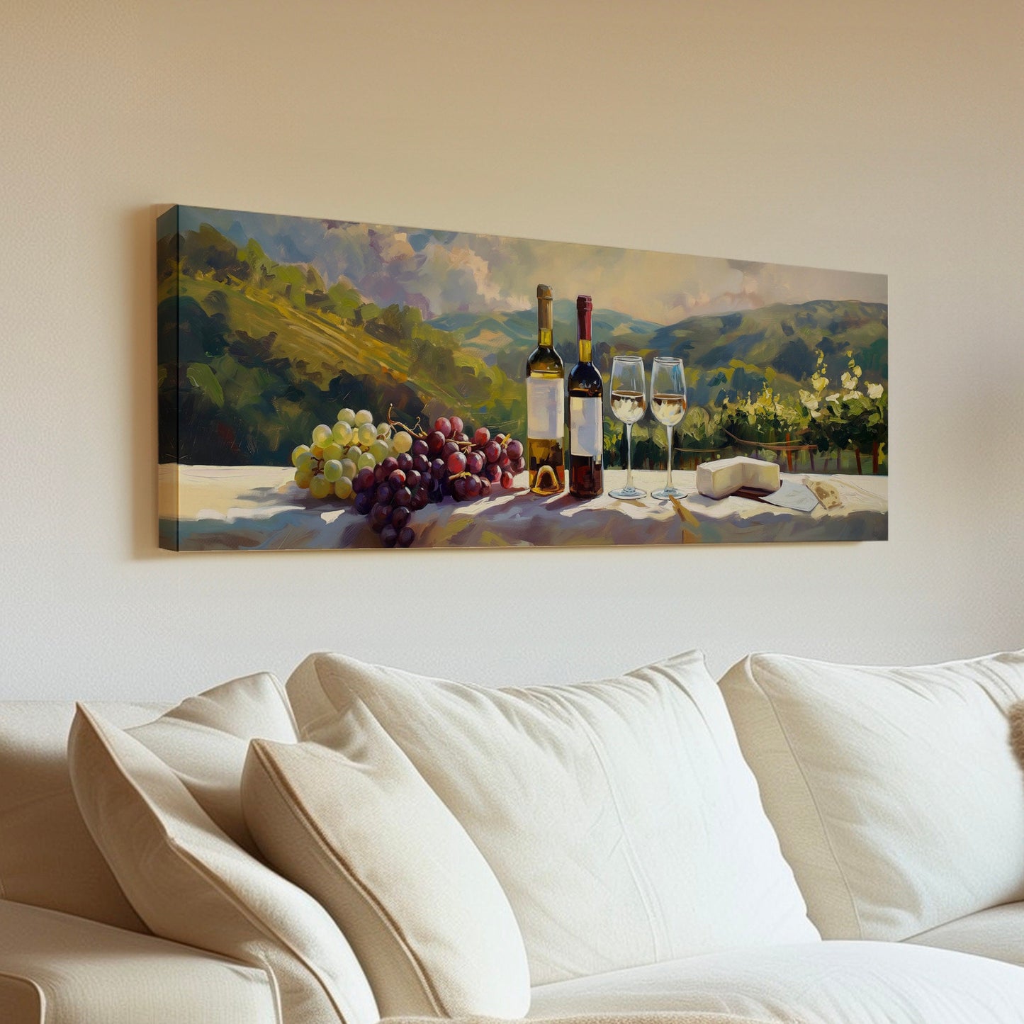 Wine Tasting Above Bed Wall Art Countryside, Panoramic Farmhouse Canvas Print, Vineyard Long Horizontal Canvas Art