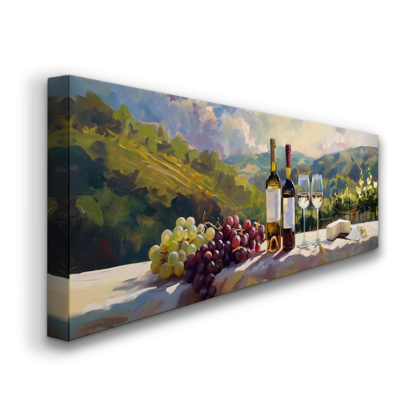 Wine Tasting Above Bed Wall Art Countryside, Panoramic Farmhouse Canvas Print, Vineyard Long Horizontal Canvas Art
