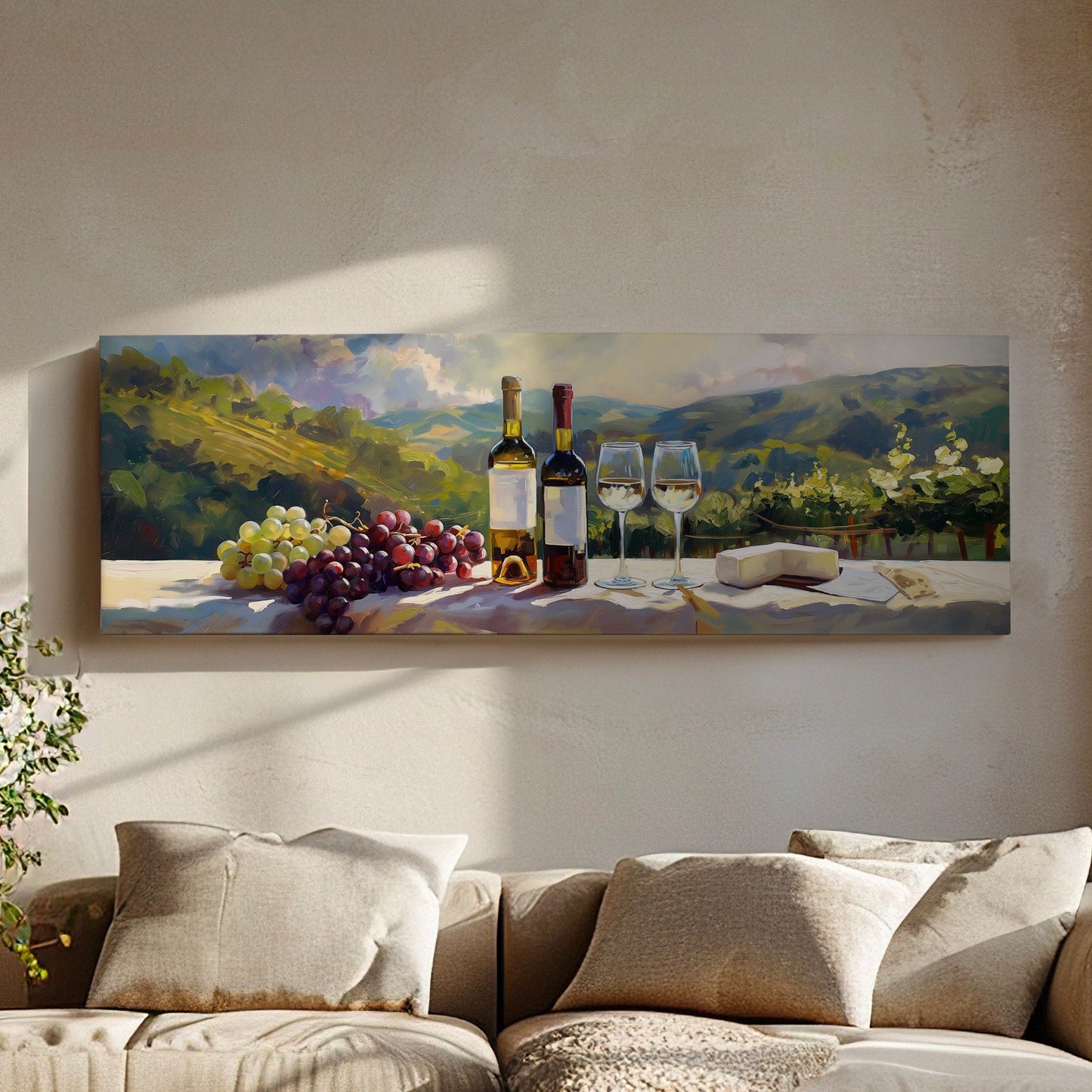 Wine Tasting Above Bed Wall Art Countryside, Panoramic Farmhouse Canvas Print, Vineyard Long Horizontal Canvas Art