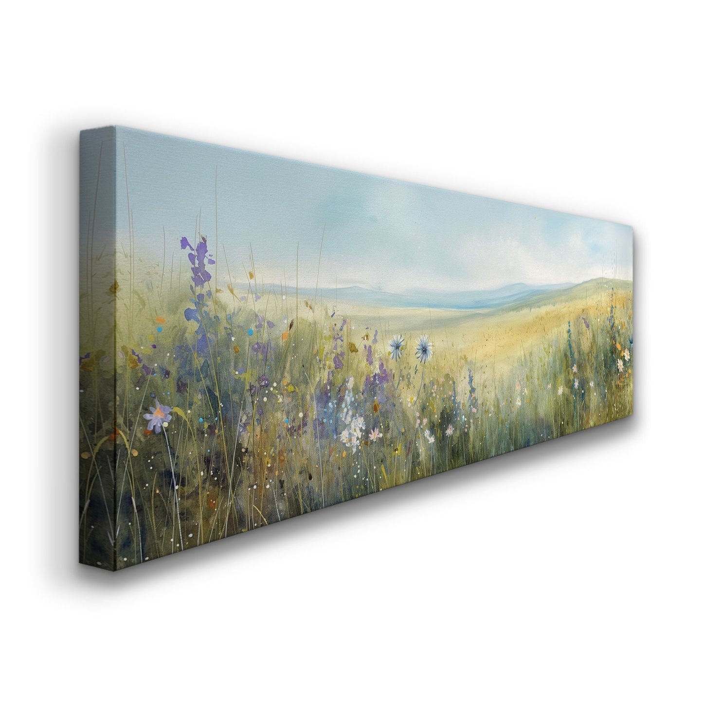 Wildflower Field Above Bed Wall Art Spring Meadow, Panoramic Peaceful Canvas Print, Nature Long Horizontal Canvas Art
