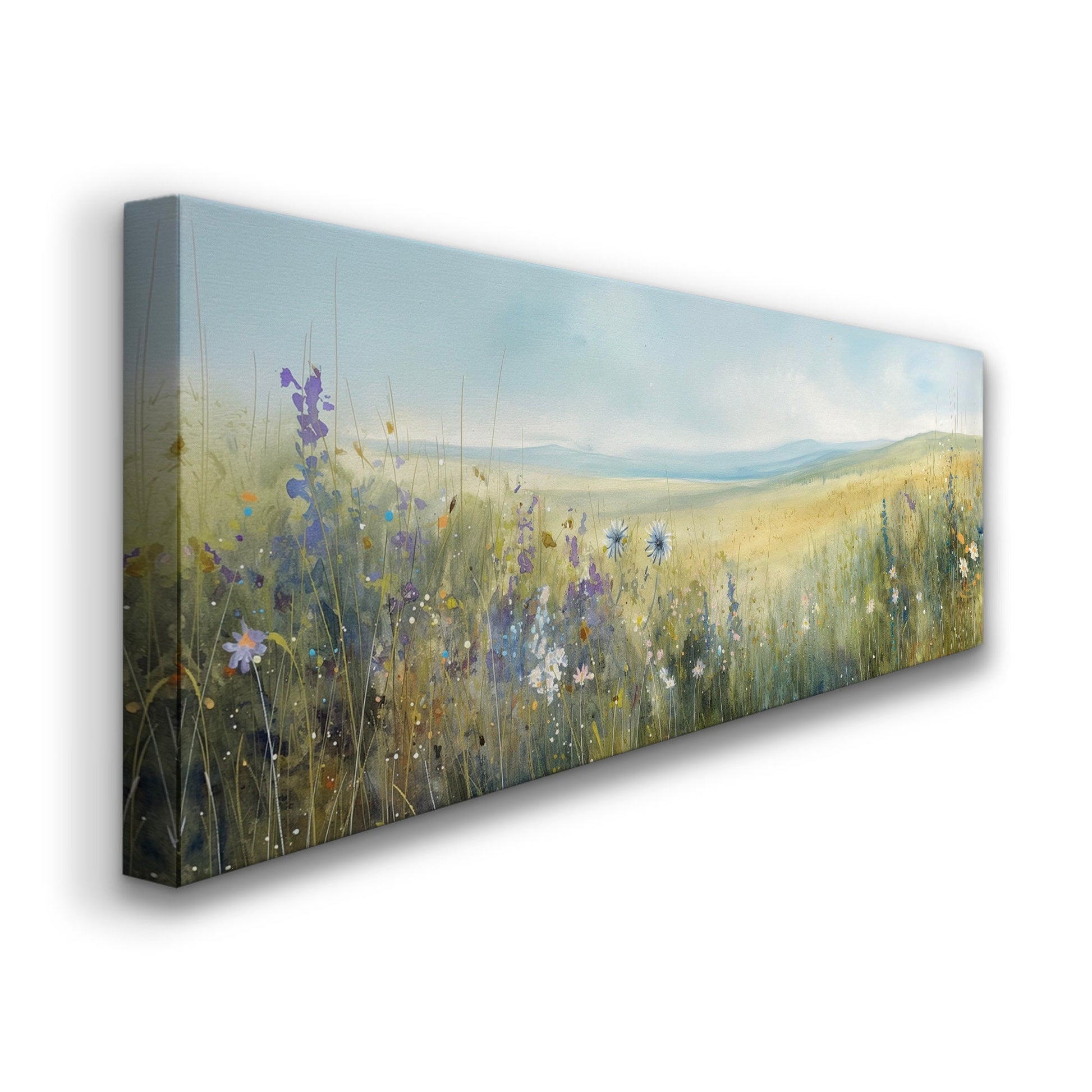 Wildflower Field Above Bed Wall Art Spring Meadow, Panoramic Peaceful Canvas Print, Nature Long Horizontal Canvas Art